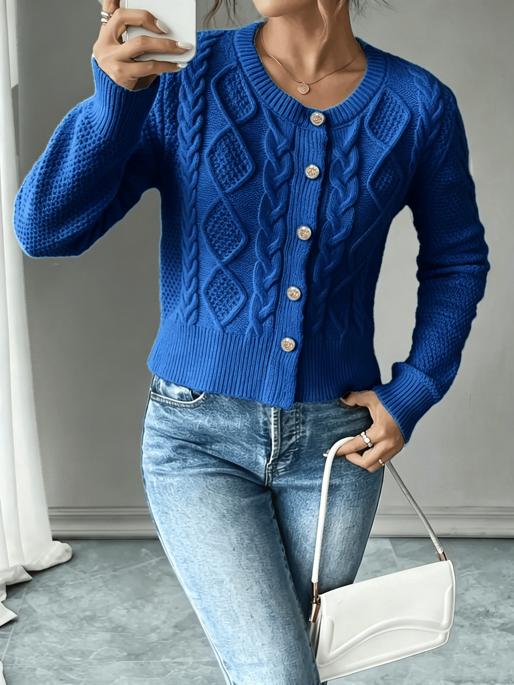 Cable Knit Button Front Cropped Cardigan Sweater