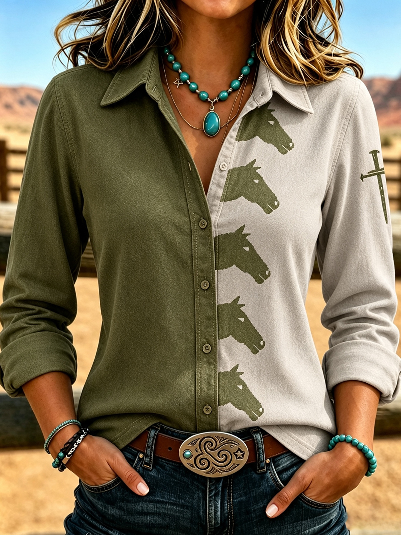 Women’s Two-Tone Western Shirt, Color Block Horse Print Button Down Top