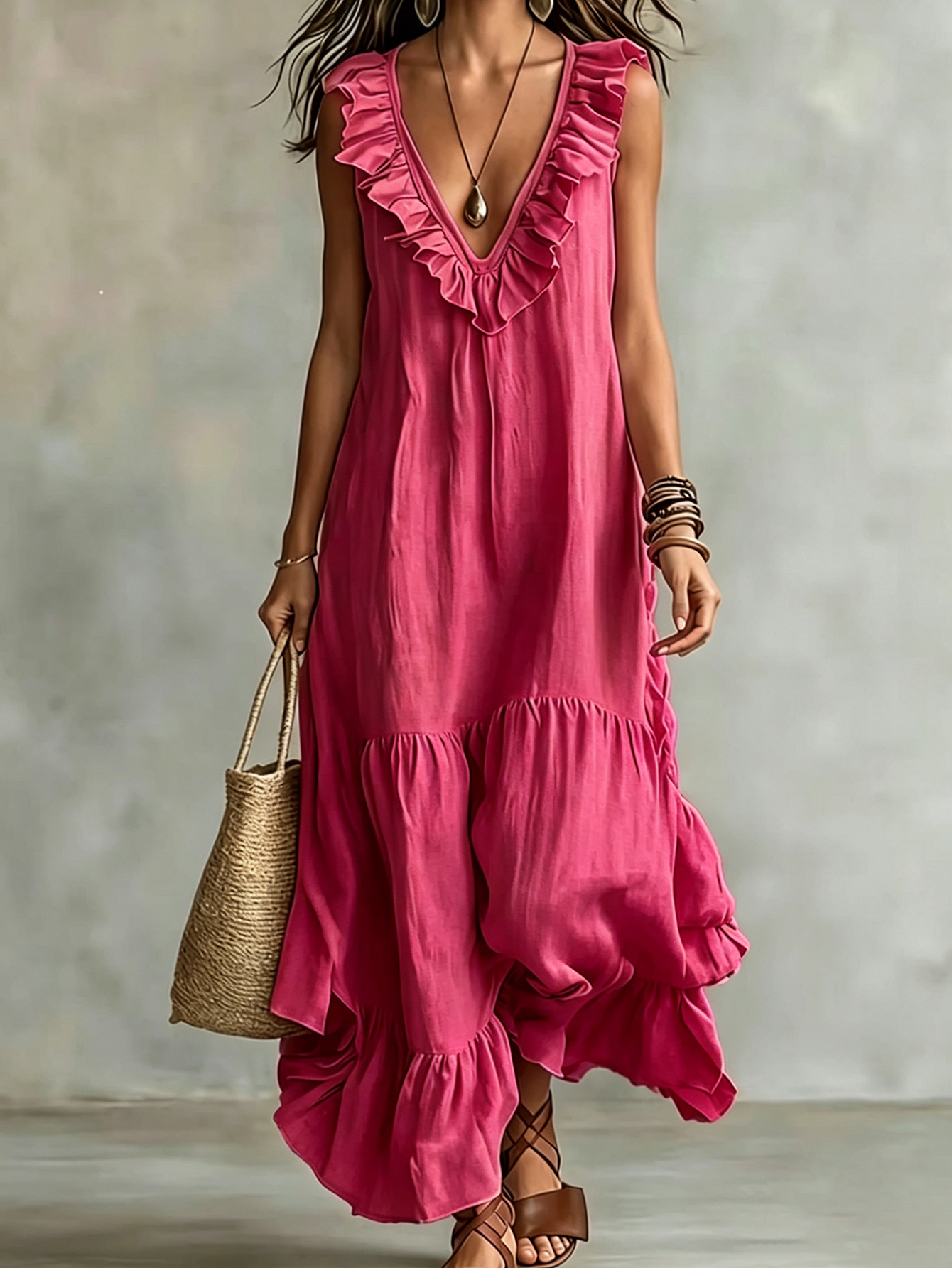 Ruffle Trim V-Neck Maxi Dress – Sleeveless Loose Fit Flowy Vacation Dress