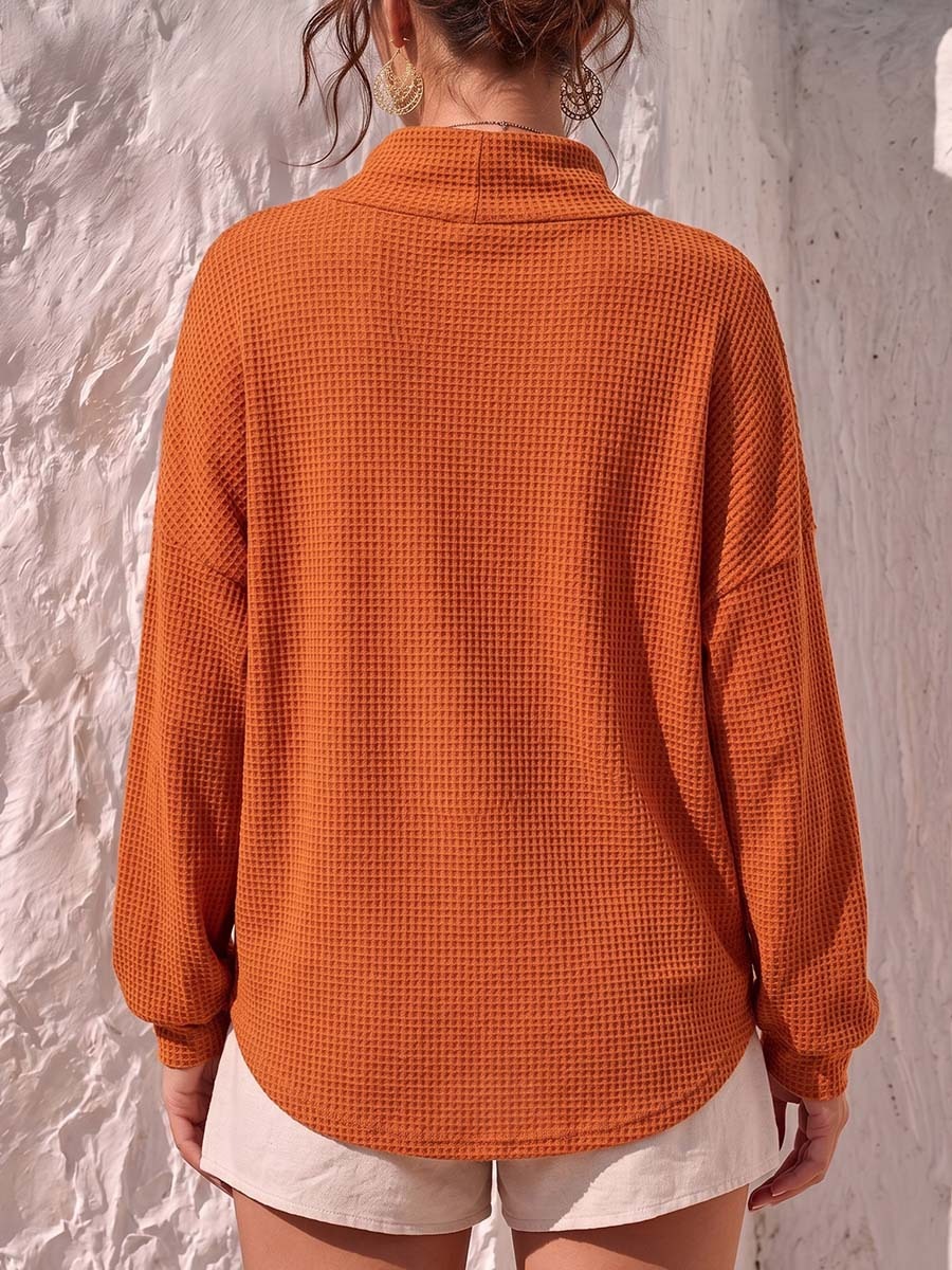 Women’s Waffle Knit Turtleneck Long Sleeve Loose Pullover Top