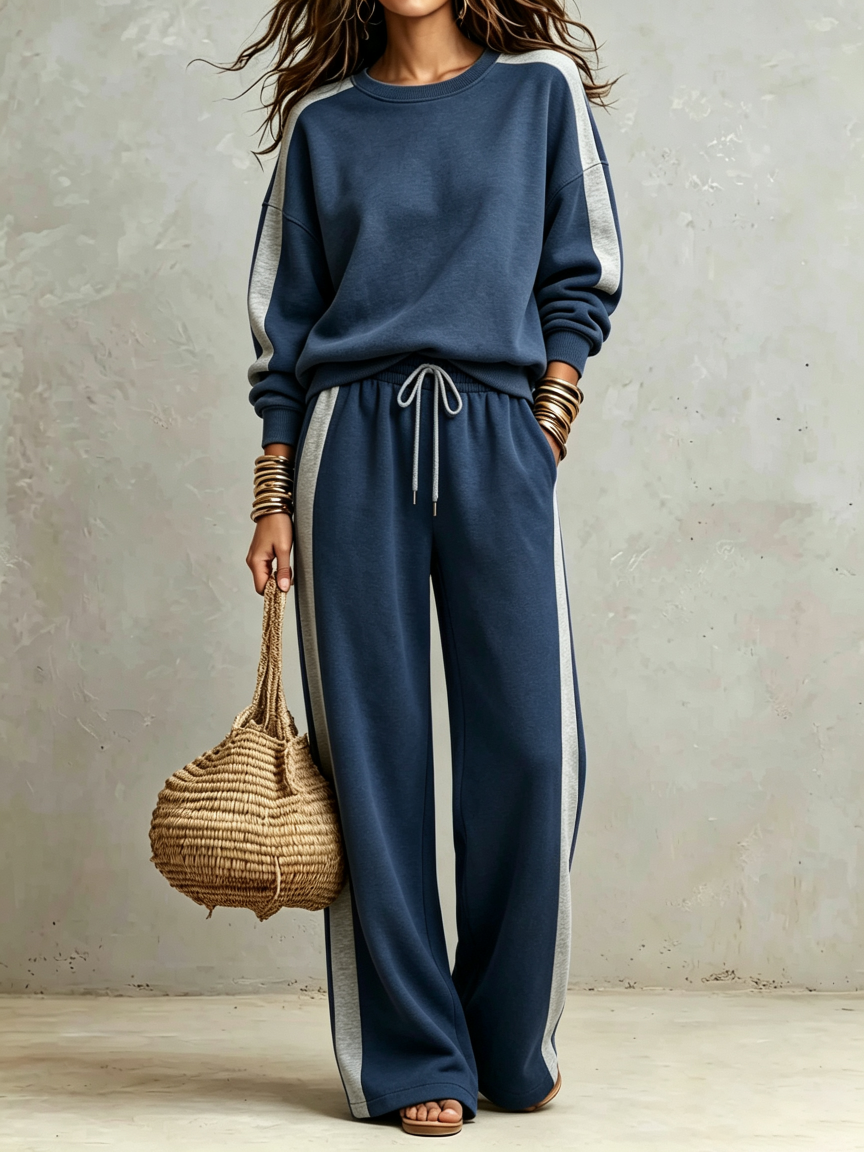 Side‑Stripe Crew Neck Wide‑Leg Sweatpant Two‑Piece Tracksuit Set