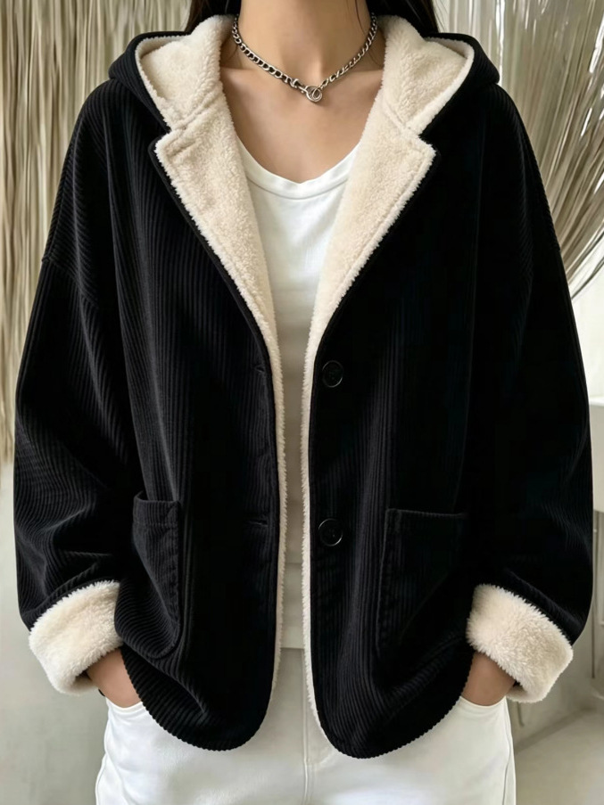 Women's Jacket Corduroy Hooded Fleece-Lined Jacket Cardigan Sweatshirt 🤎🧸
