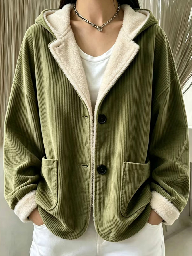 Women's Jacket Corduroy Hooded Fleece-Lined Jacket Cardigan Sweatshirt 🤎🧸