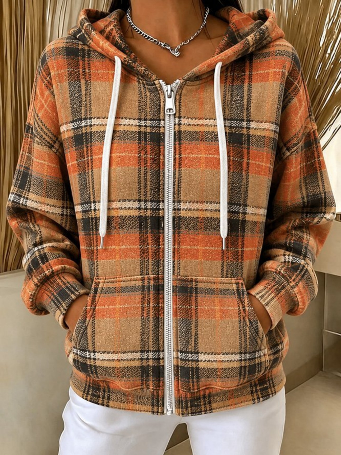 🧥✨ Women's Plaid Hooded Zip-Up Cardigan Sweatshirt Jacket 🤎🔲