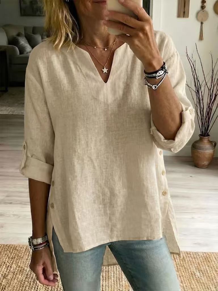 Women’s Linen Cotton V-Neck Top, Side Button Rolled Sleeve Loose Casual Blouse