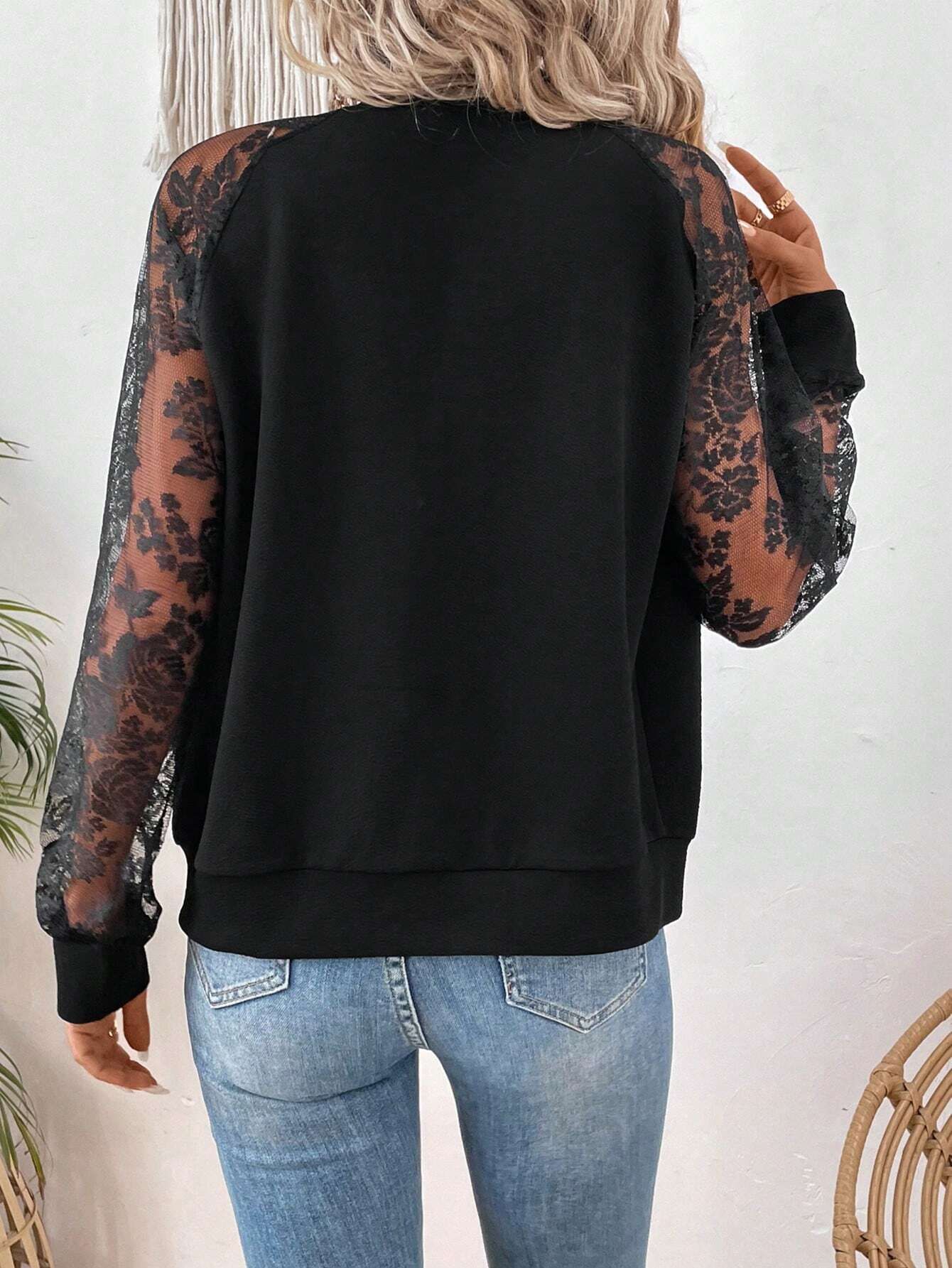 Floral Lace Raglan Sleeve Zip Up Bomber Jacket