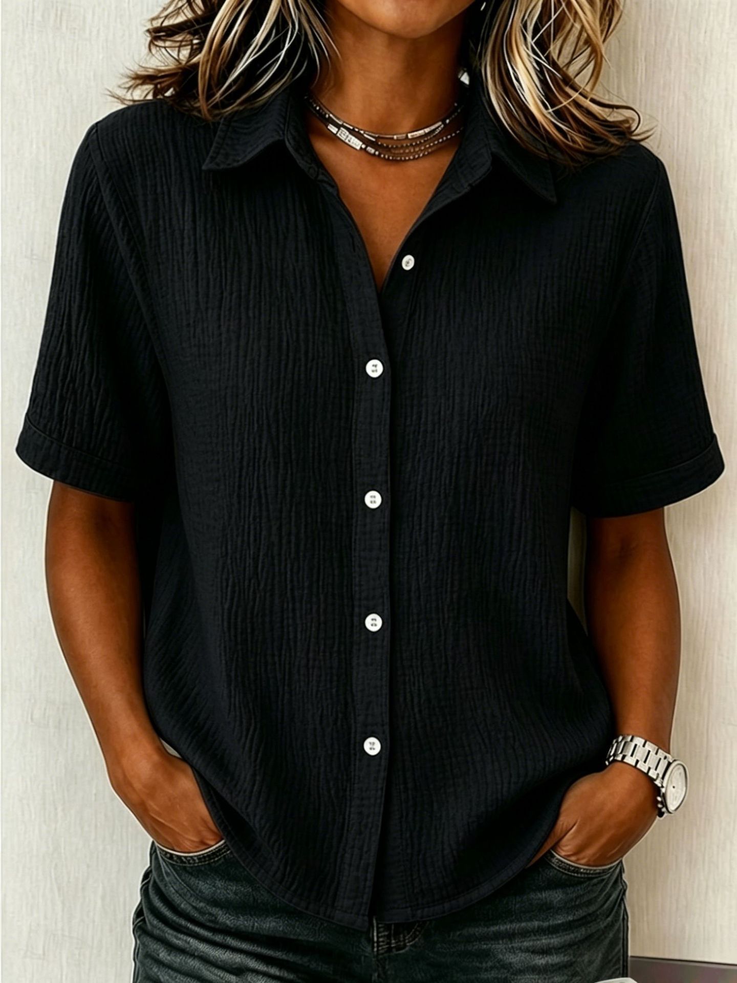 Textured Collared Short Sleeve Button Down Shirt