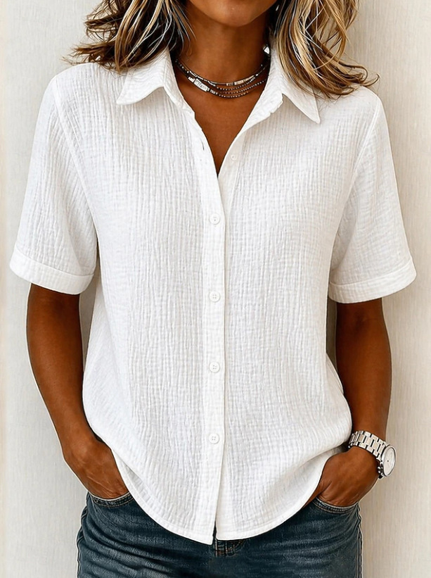 Textured Collared Short Sleeve Button Down Shirt