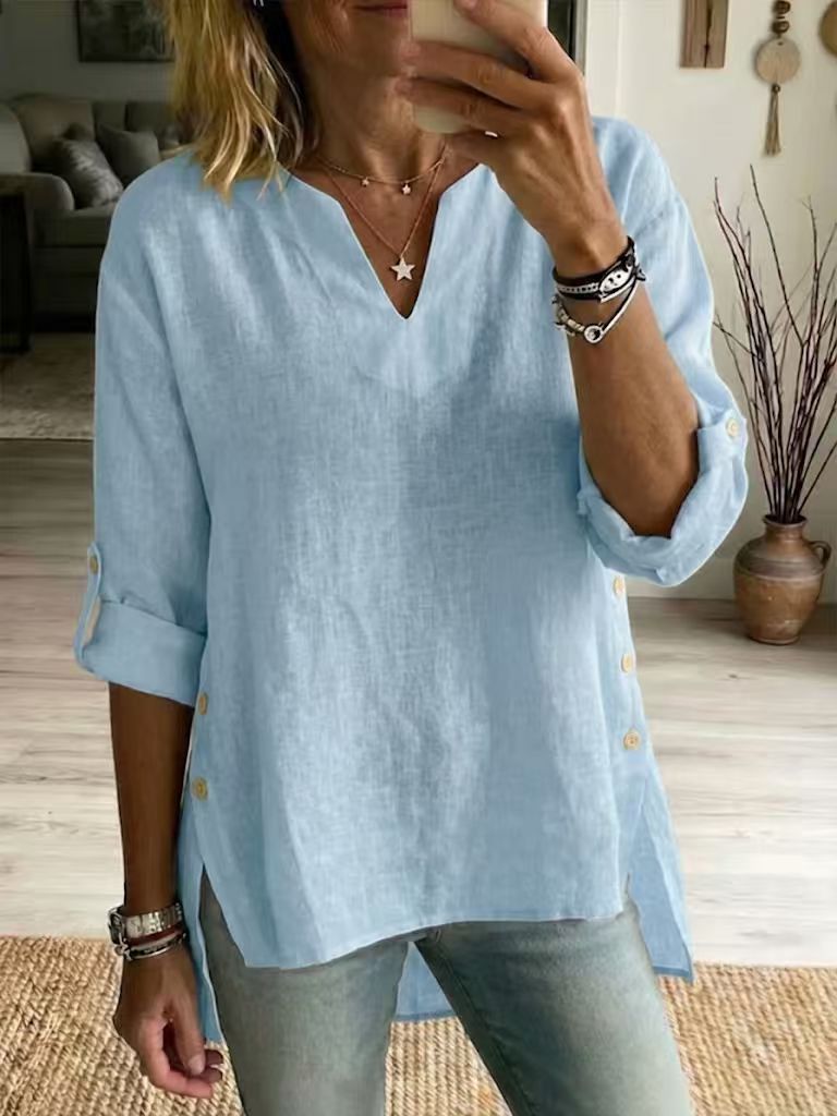 Women’s Linen Cotton V-Neck Top, Side Button Rolled Sleeve Loose Casual Blouse