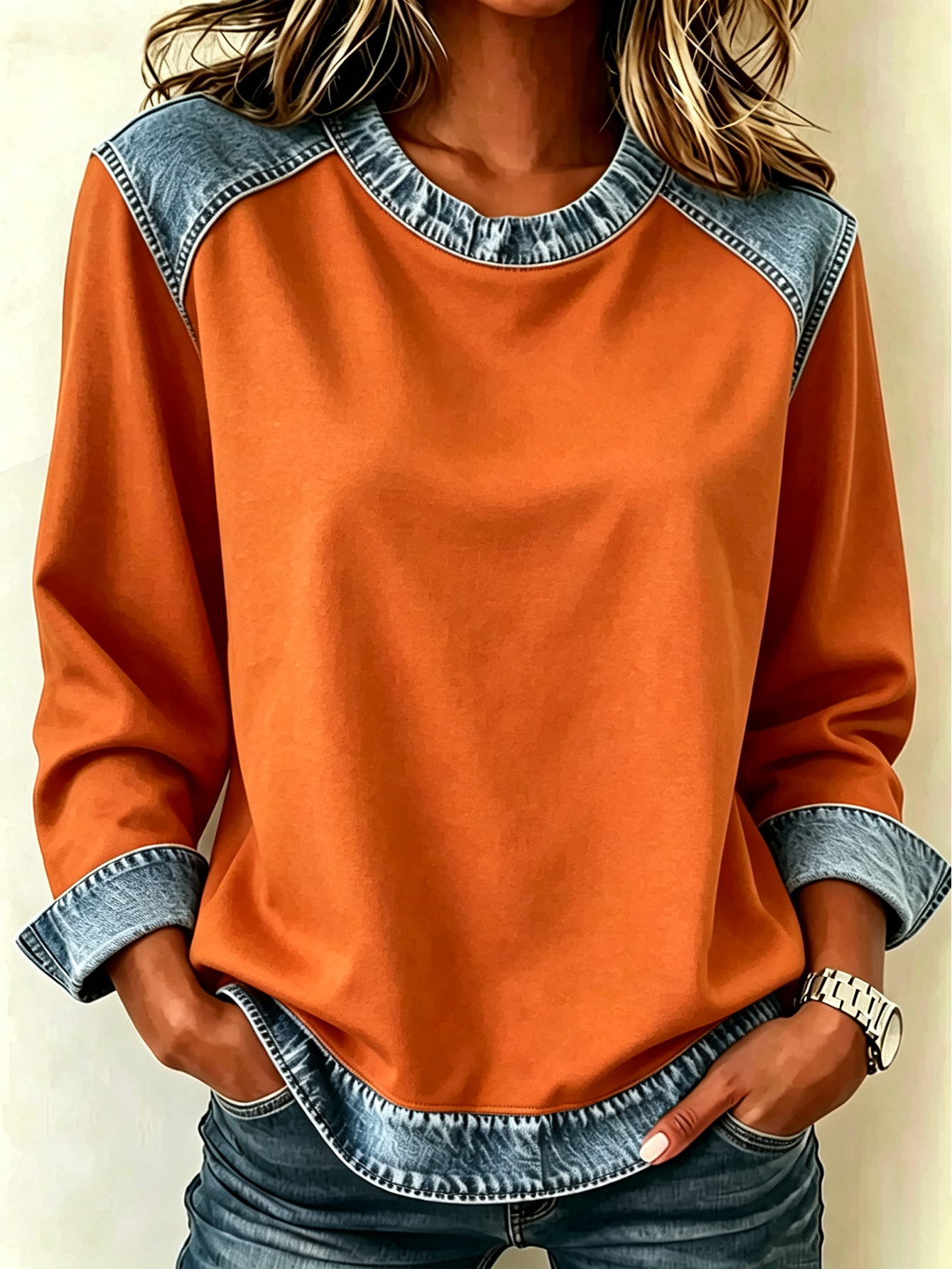 Color Block Denim Patchwork Crew Neck Long Sleeve Blouse