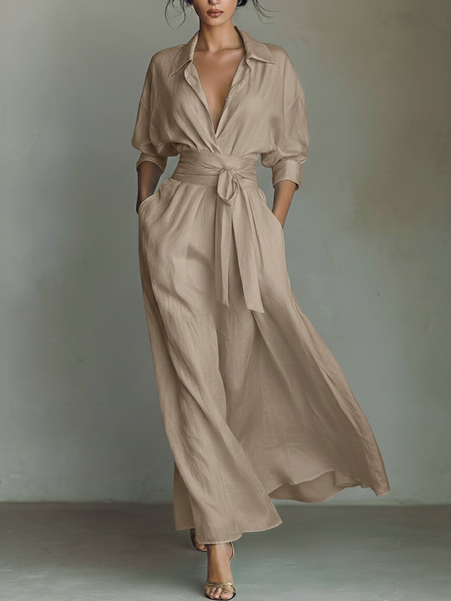 Women's Solid Color Waist-Slimming Maxi Dress — Flip Collar