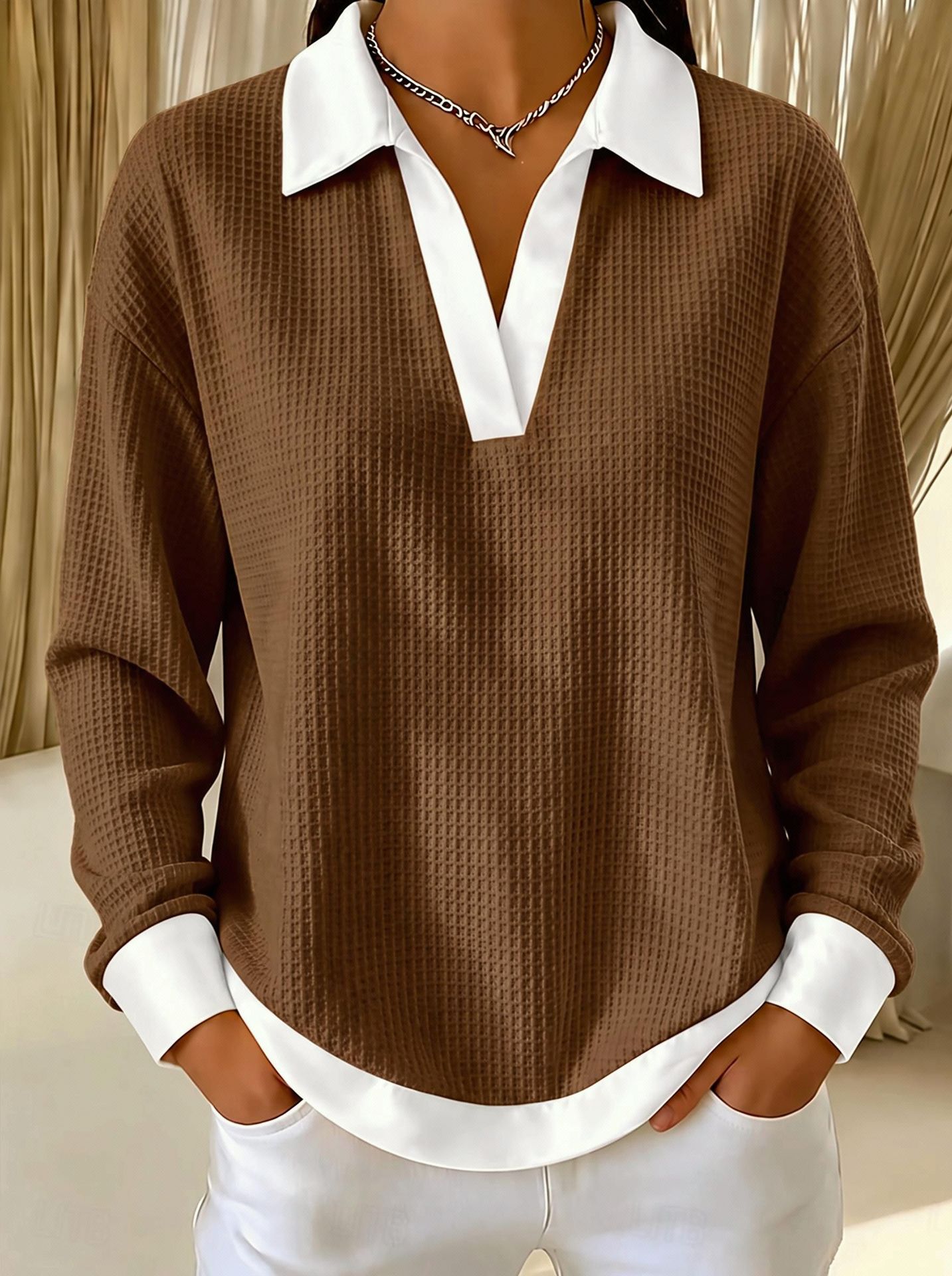 👚 Women's V-Neck Waffle-Knit Contrast Loose-Fit Casual Collared Long-Sleeve Sweatshirt 🤍