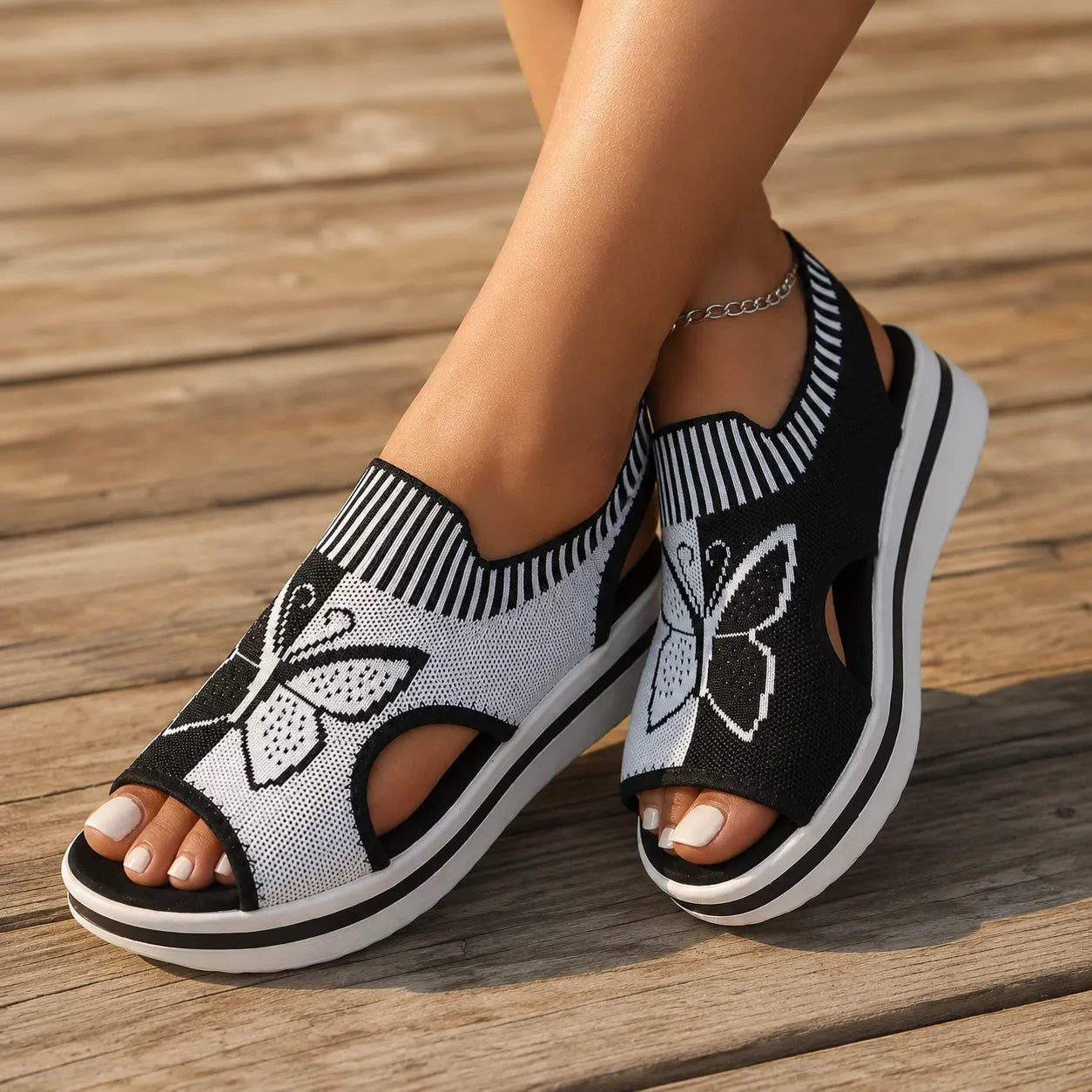 Butterfly Knit Platform Peep Toe Sandals for Women