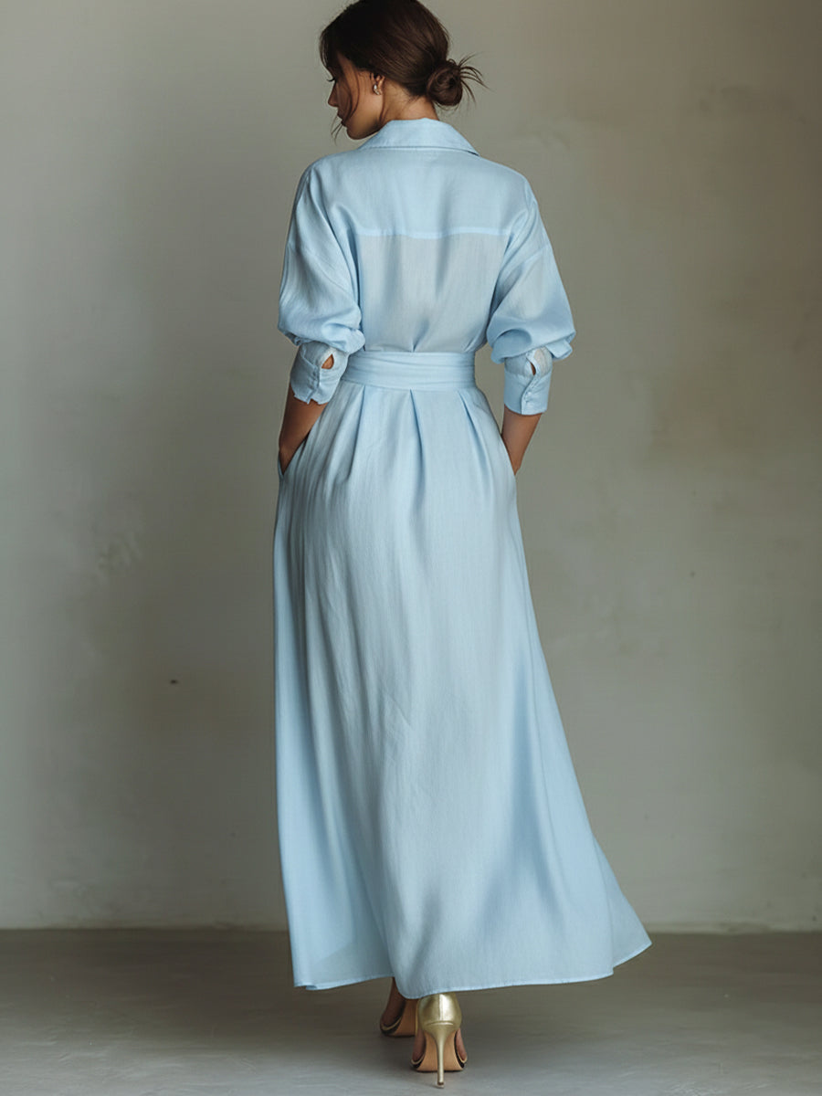 Women's Solid Color Waist-Slimming Maxi Dress — Flip Collar