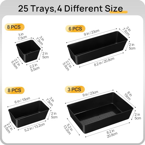 25 PCS Clear Plastic Drawer Organizers Set, 4-Size Versatile Bathroom and Vanity Drawer Organizer Trays, Storage Bins for Makeup