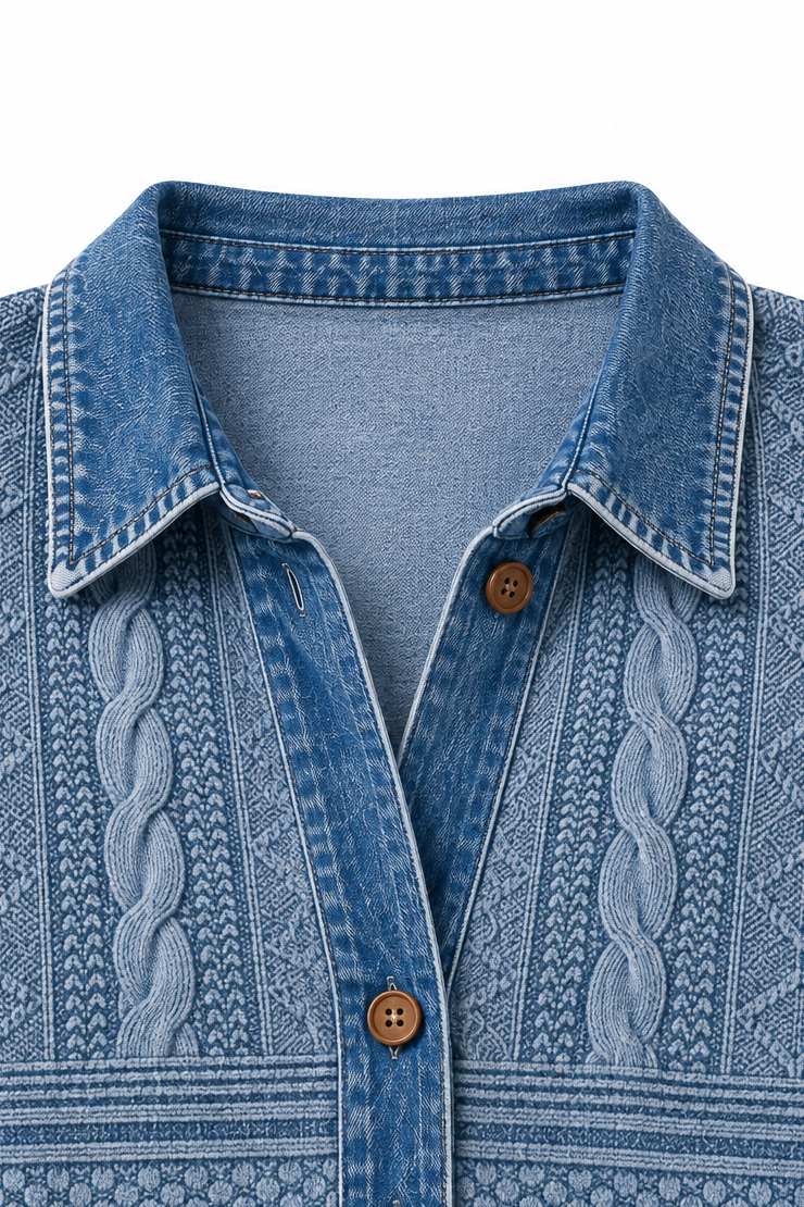 Denim Patchwork Textured Knit Blouse