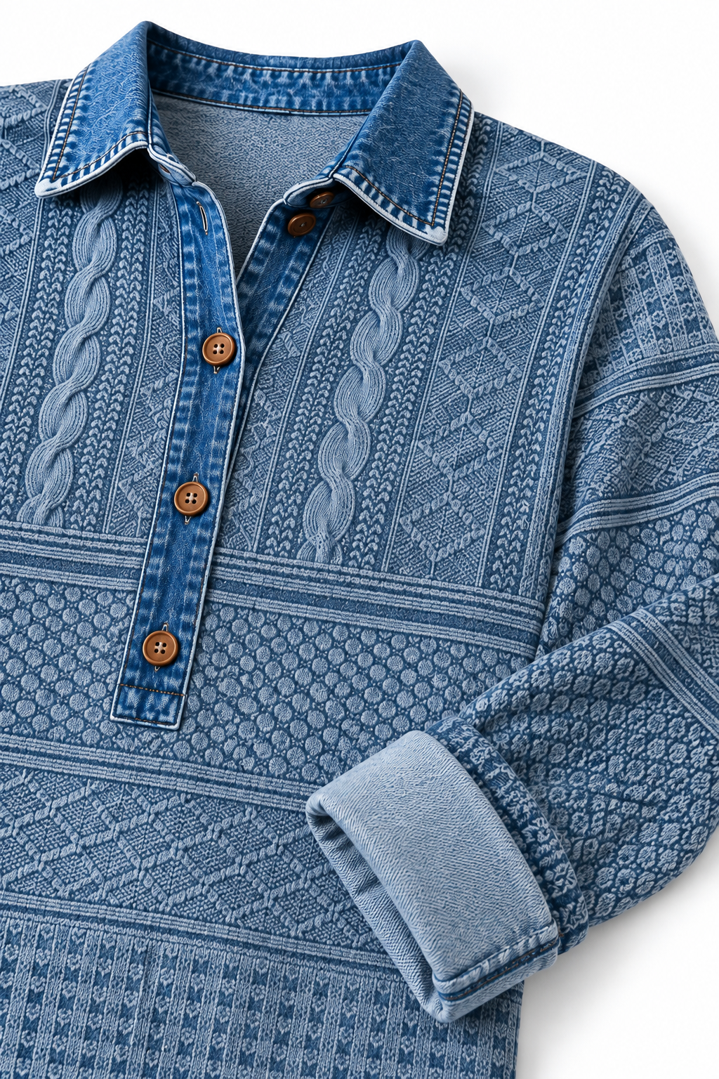 Denim Patchwork Textured Knit Blouse