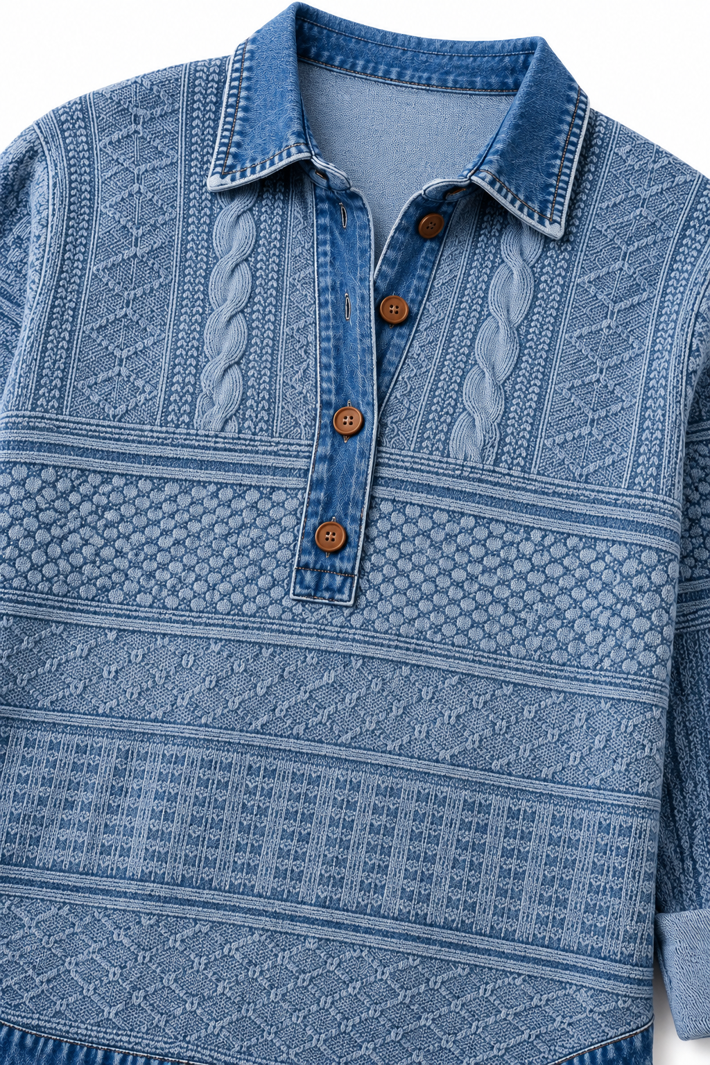 Denim Patchwork Textured Knit Blouse