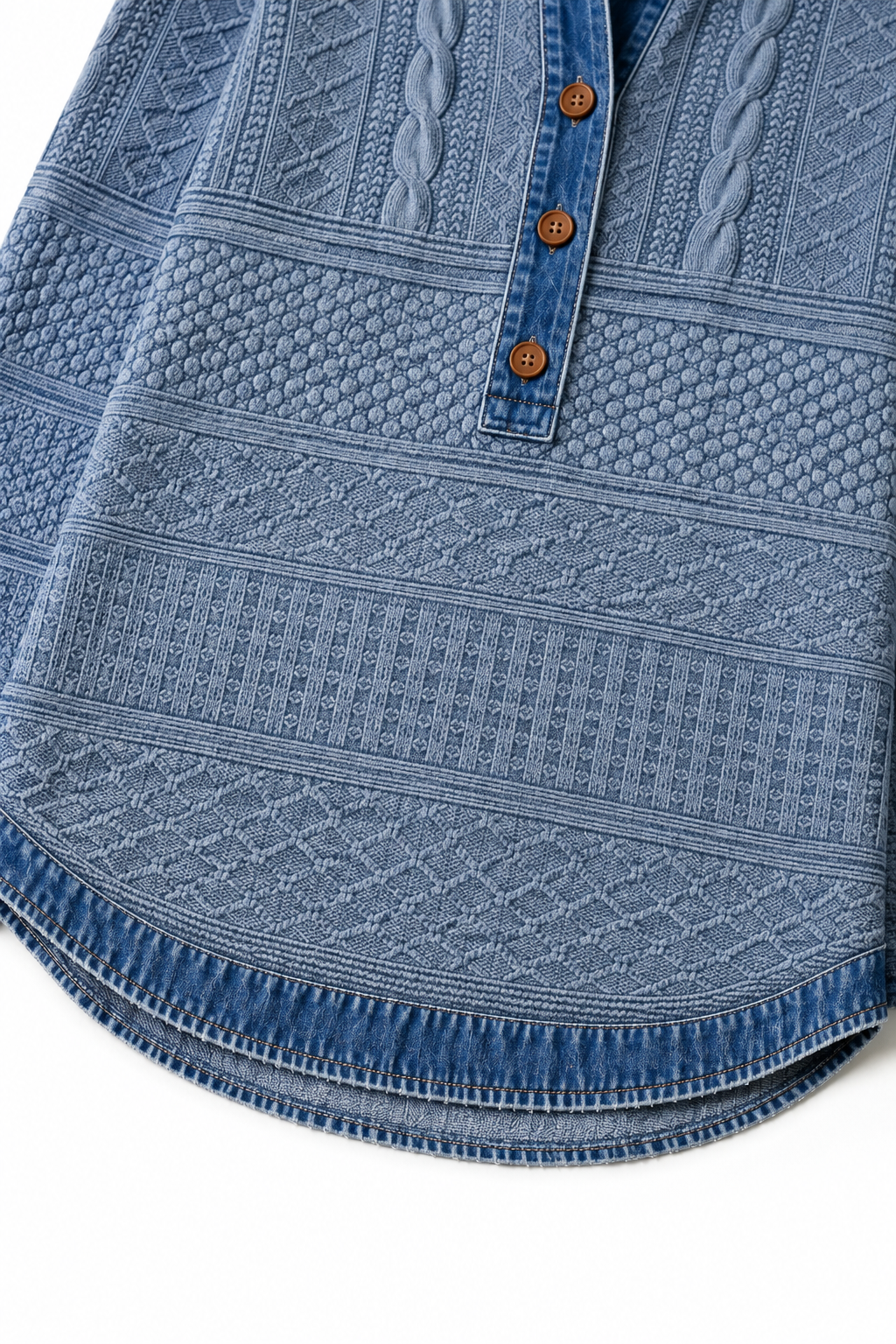 Denim Patchwork Textured Knit Blouse