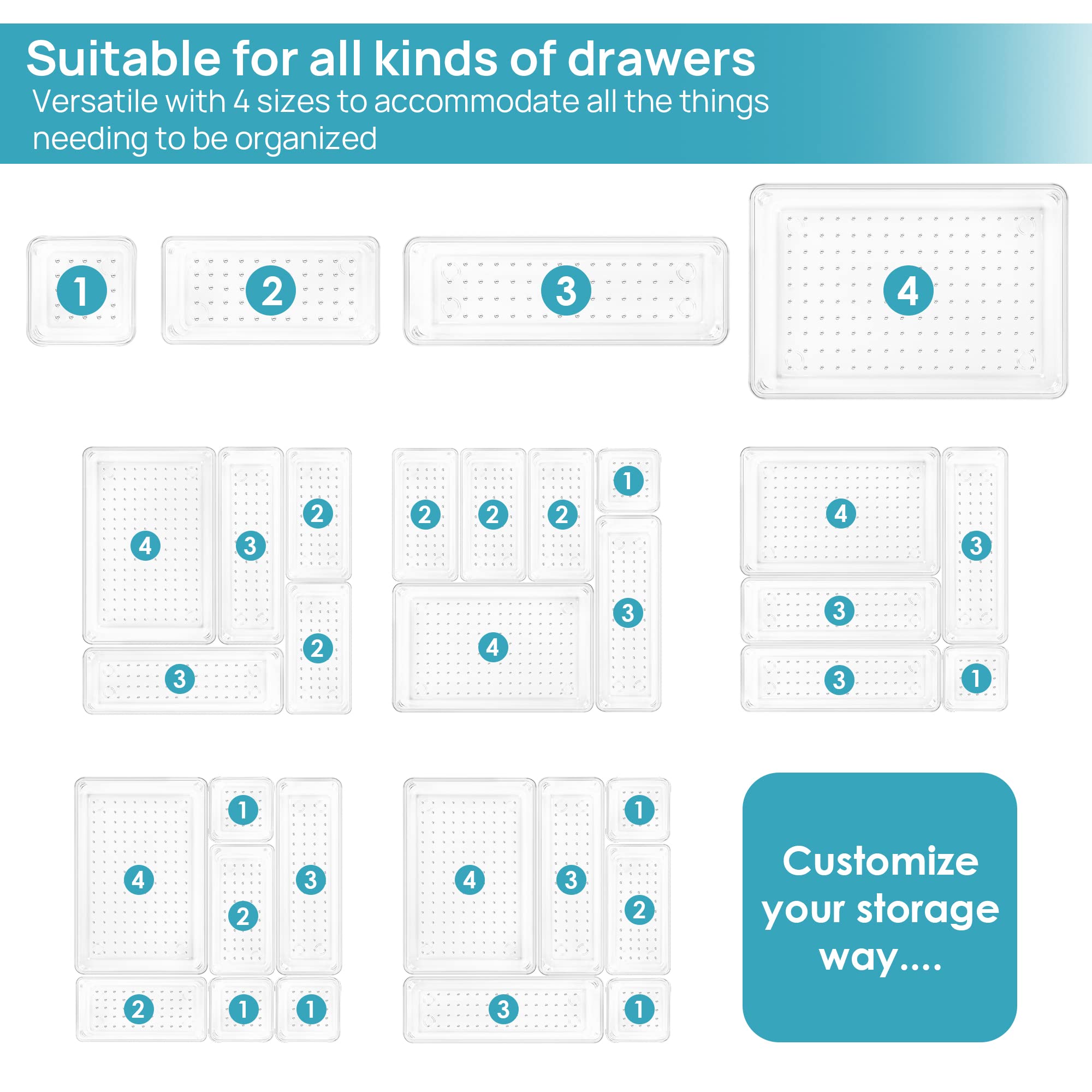 25 PCS Clear Plastic Drawer Organizers Set, 4-Size Versatile Bathroom and Vanity Drawer Organizer Trays, Storage Bins for Makeup