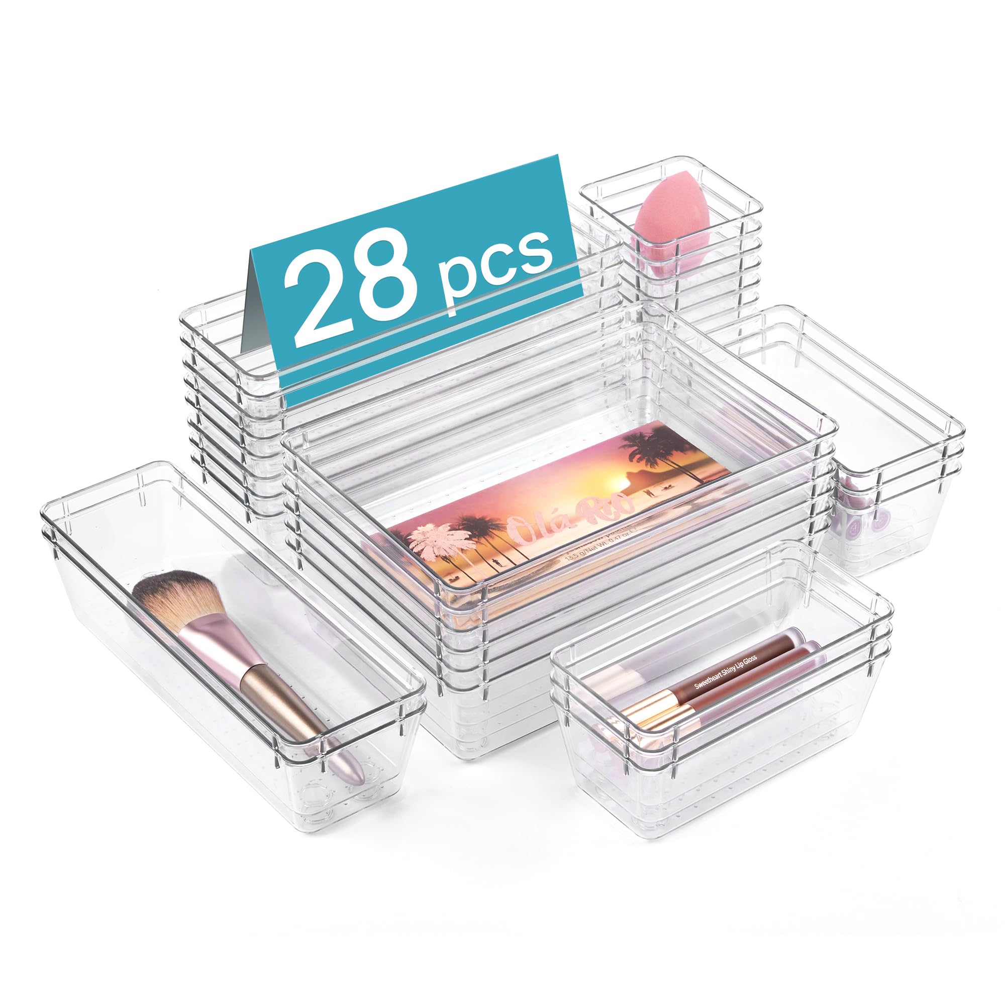28 Pack Clear Drawer Organizer Bins, 4 Sizes Storage Trays