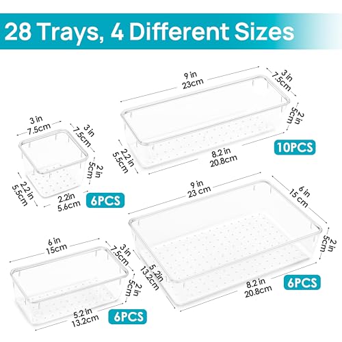 28 Pack Clear Drawer Organizer Bins, 4 Sizes Storage Trays