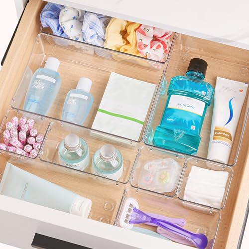 28 Pack Clear Drawer Organizer Bins, 4 Sizes Storage Trays
