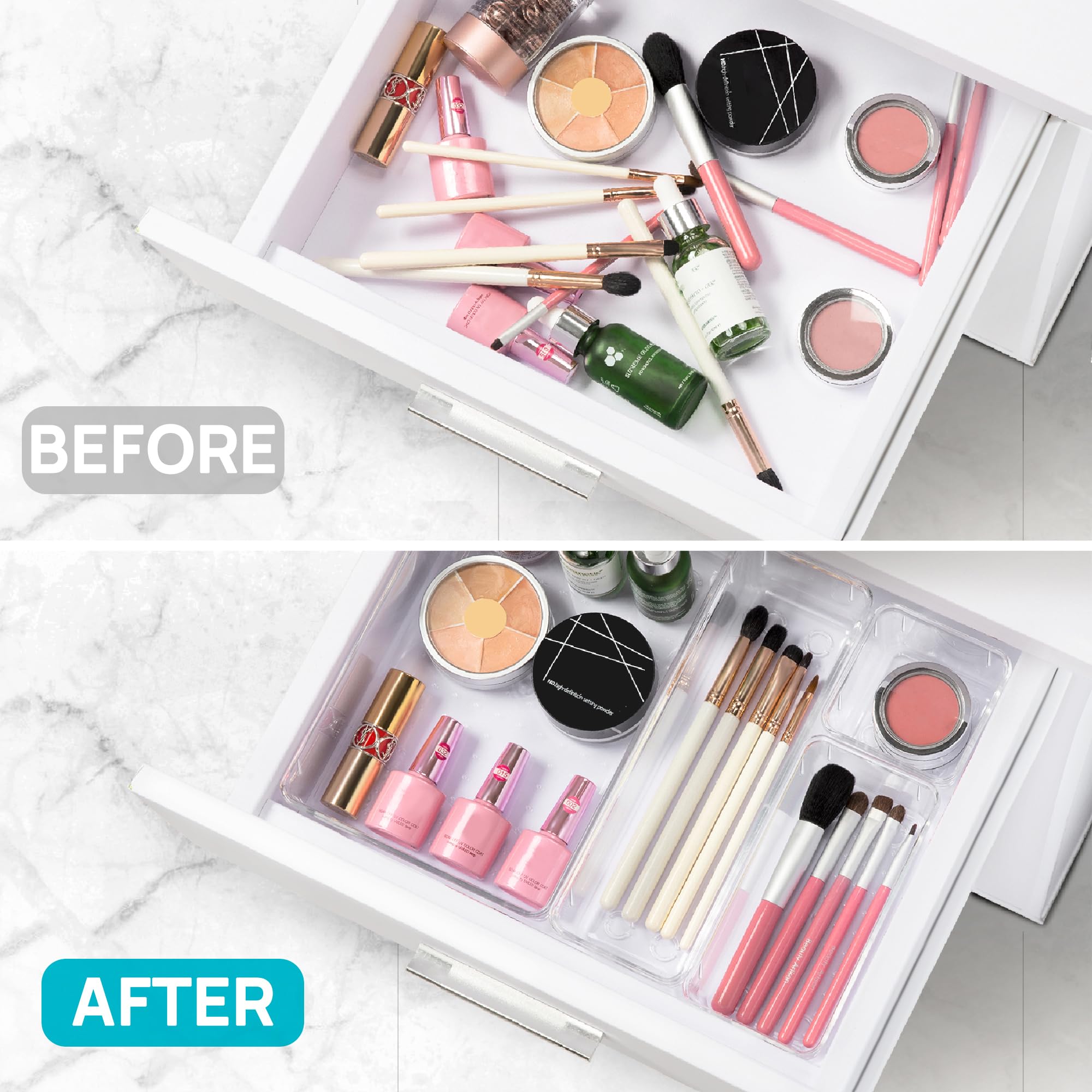 25 PCS Clear Plastic Drawer Organizers Set, 4-Size Versatile Bathroom and Vanity Drawer Organizer Trays, Storage Bins for Makeup