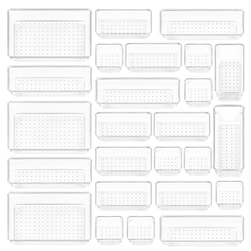 25 PCS Clear Plastic Drawer Organizers Set, 4-Size Versatile Bathroom and Vanity Drawer Organizer Trays, Storage Bins for Makeup
