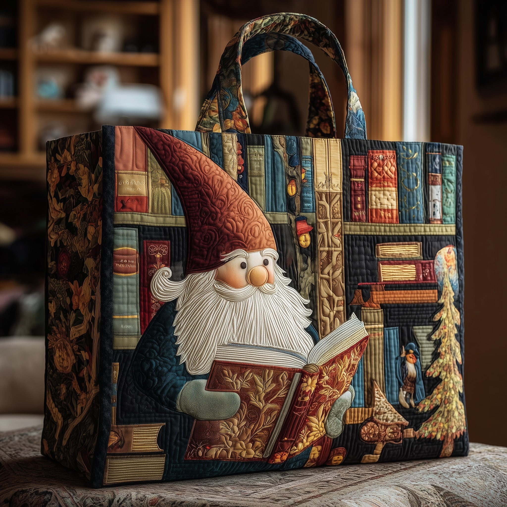 Handmade Bookworm Gnome Quilted Tote Bag
