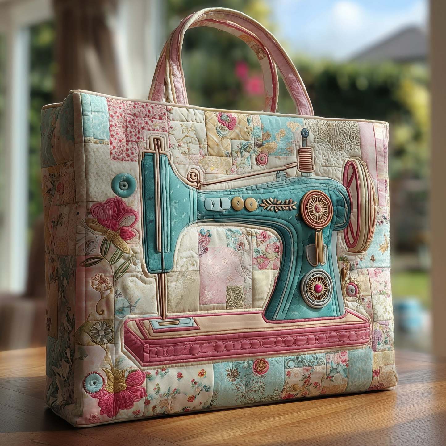 Handmade Artistic Sewing Machine Quilted Tote Bag
