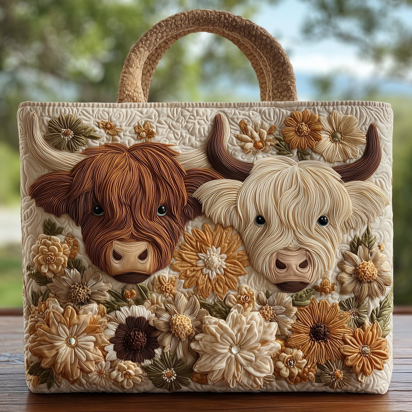 HandmadeHighland Cow Quilted Tote Bag