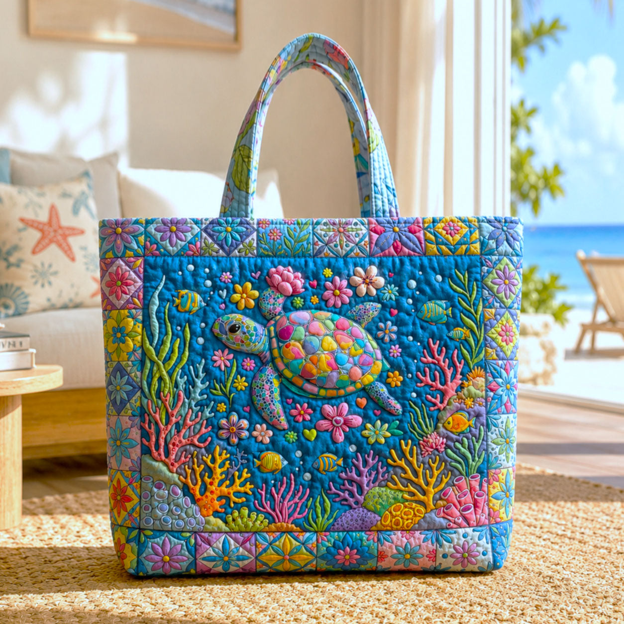Handmade Colorful Ocean TurtleQuilted Tote Bag