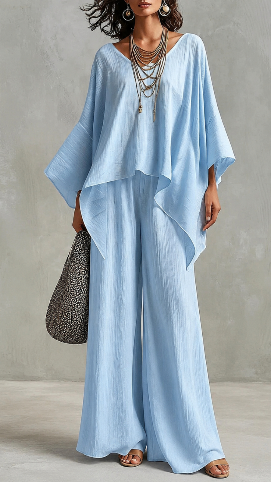 Loose Batwing Sleeve V-Neck Top & Wide Leg Pants Two-Piece Co-Ord Set
