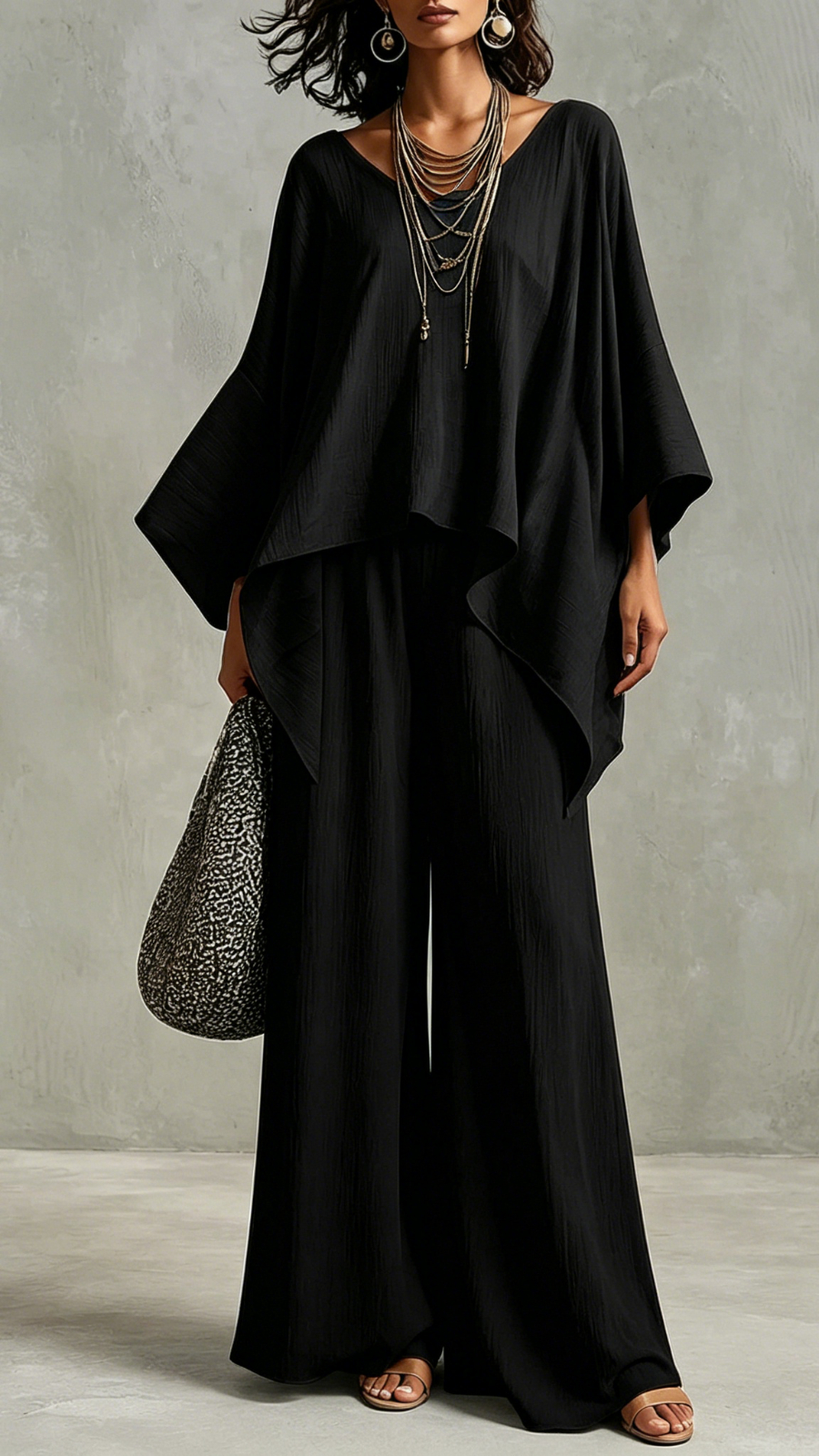Loose Batwing Sleeve V-Neck Top & Wide Leg Pants Two-Piece Co-Ord Set