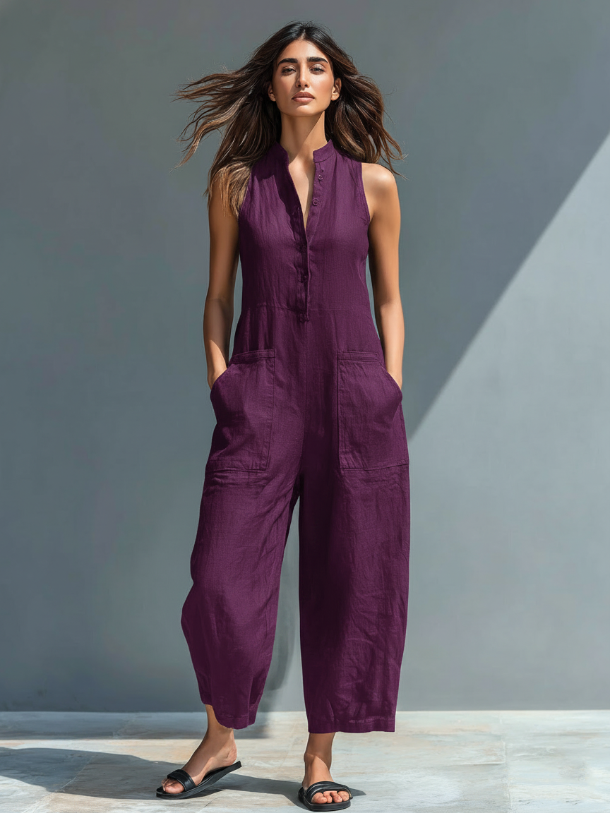 Women's Minimalist Linen Blend Button-up Stand-collar Sleeveless Loose Jumpsuit