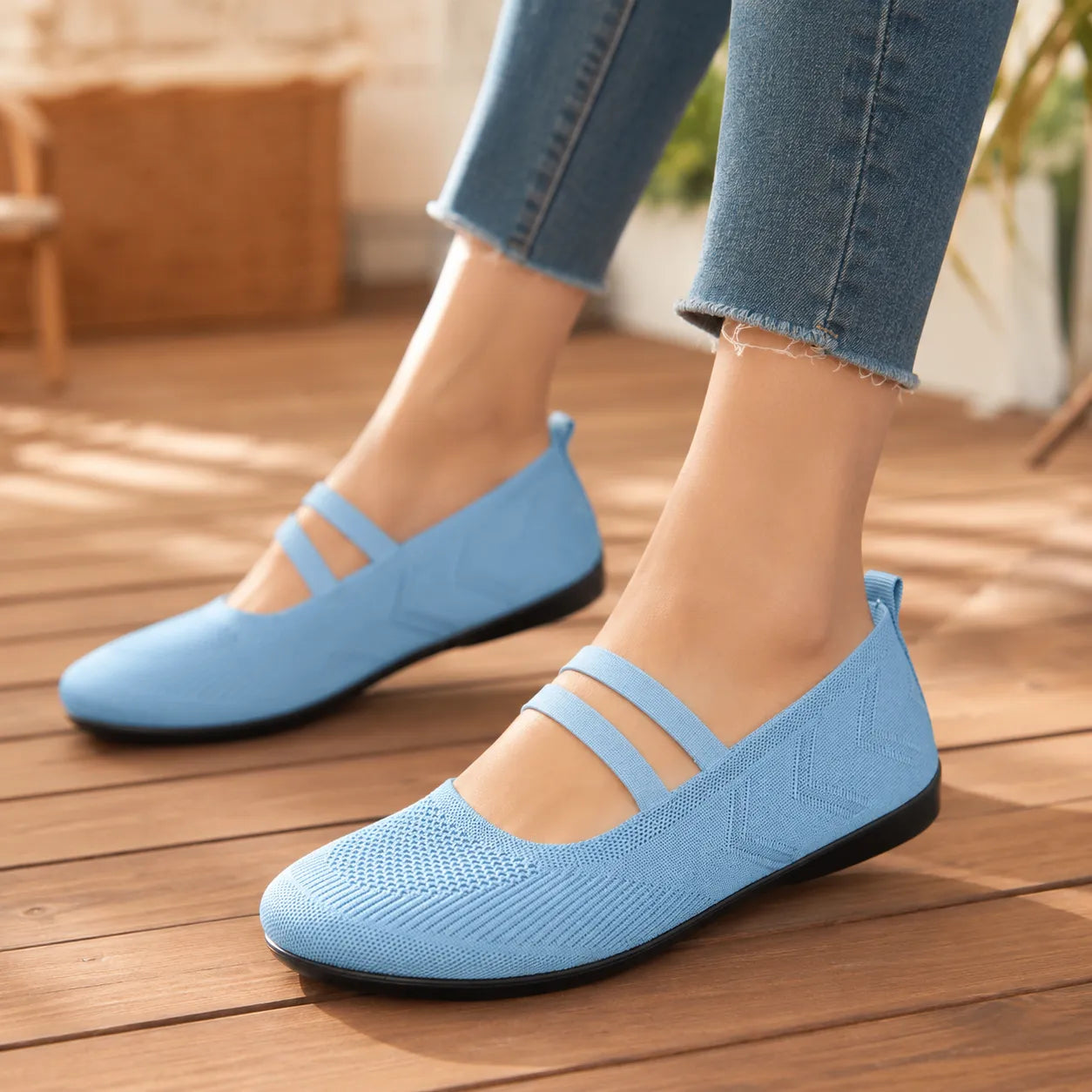Knit Mary Jane Flats with Elastic Straps for Women, Slip On Breathable Ballet Shoes