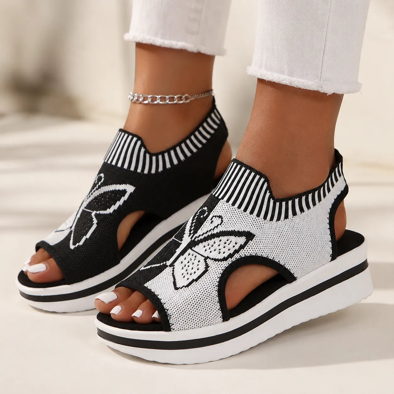 Butterfly Knit Platform Peep Toe Sandals for Women