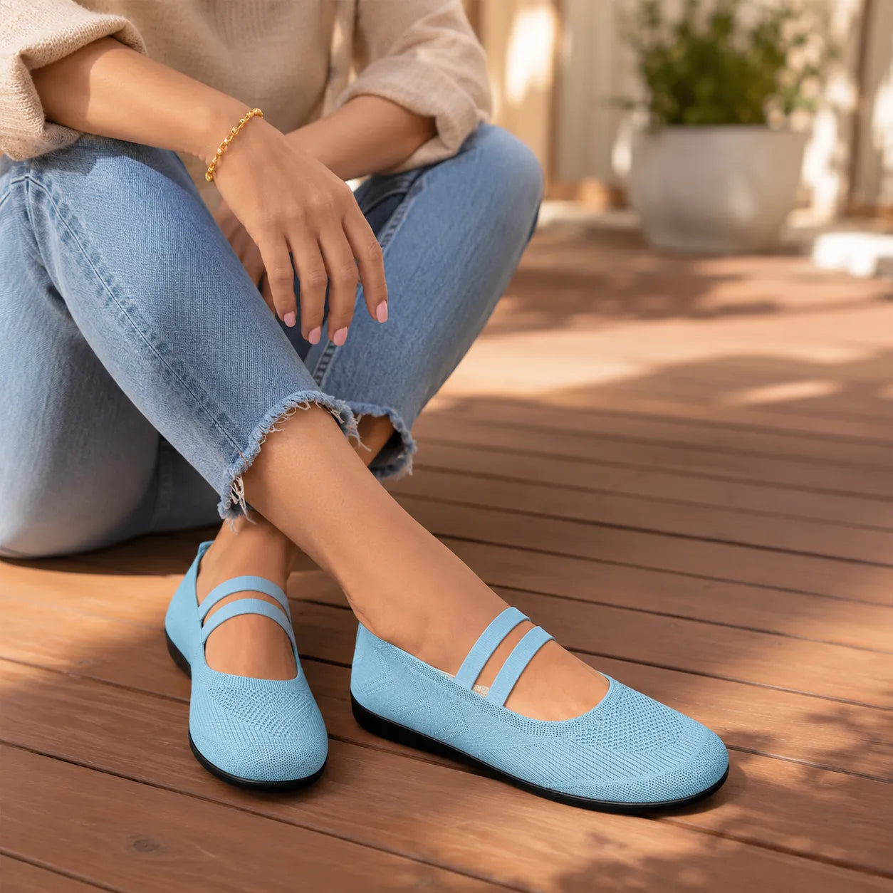 Knit Mary Jane Flats with Elastic Straps for Women, Slip On Breathable Ballet Shoes