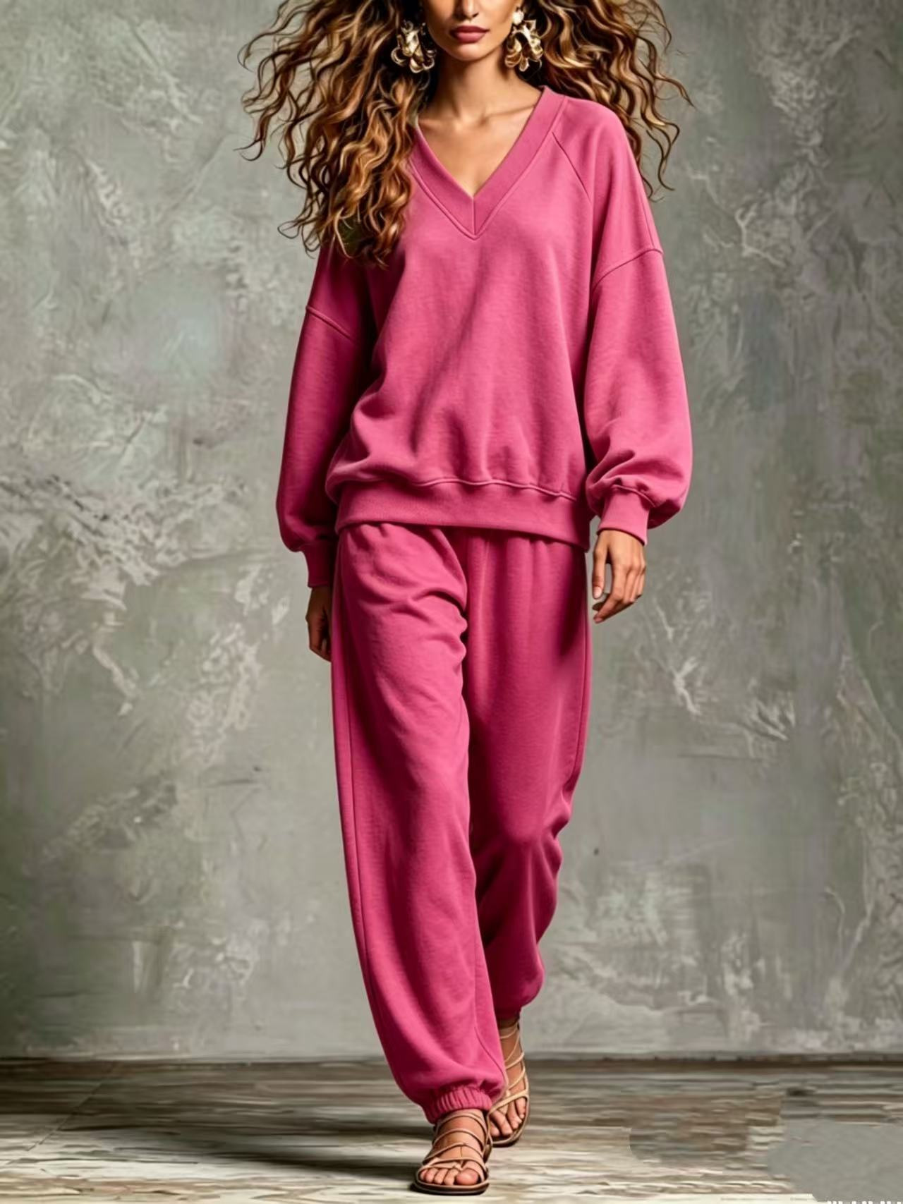 V‑Neck Raglan Sleeve Sweatshirt & Jogger Two‑Piece Loungewear Set
