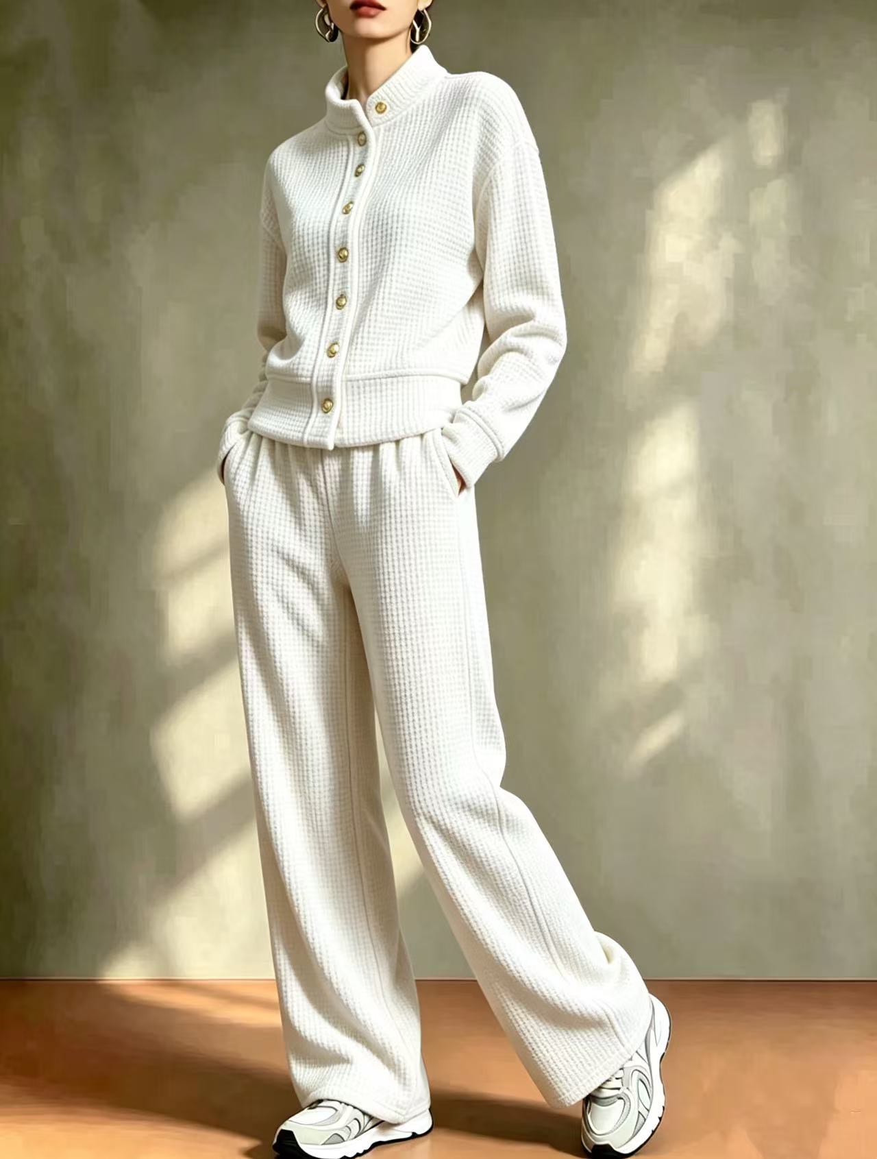 2‑Piece Waffle Knit Co‑Ord Set | Stand‑Collar Button Cardigan Top & Wide‑Leg Pants Casual Loungewear Outfit