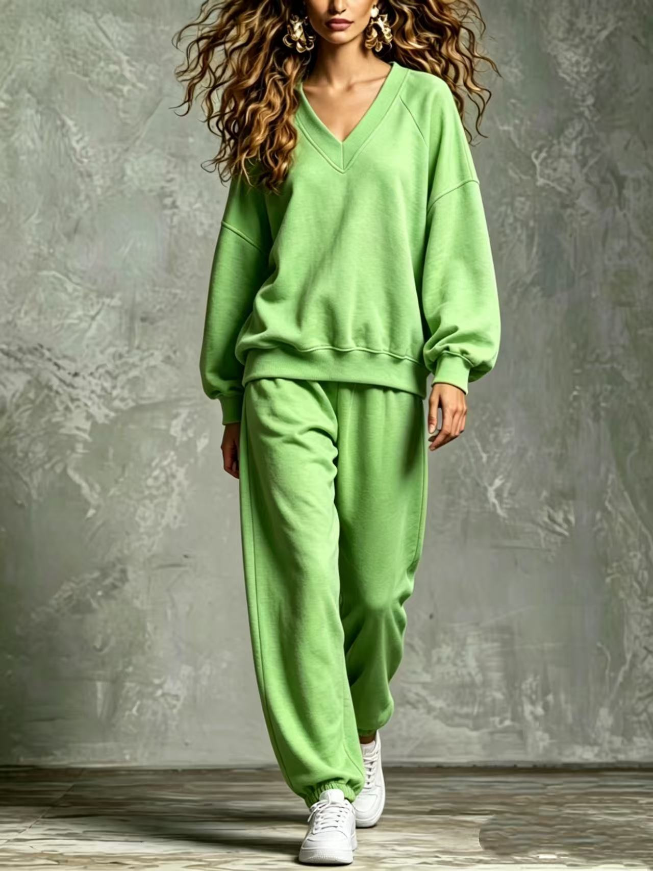 V‑Neck Raglan Sleeve Sweatshirt & Jogger Two‑Piece Loungewear Set