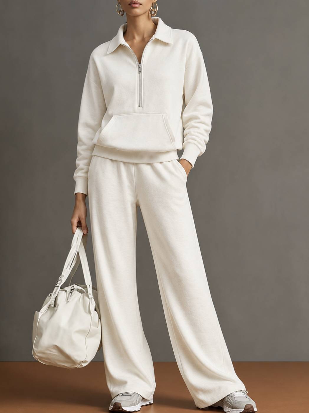 Polo Collar Half‑Zip Sweatshirt with Kangaroo Pocket & Drawstring Wide‑Leg Two‑Piece Loungewear Set