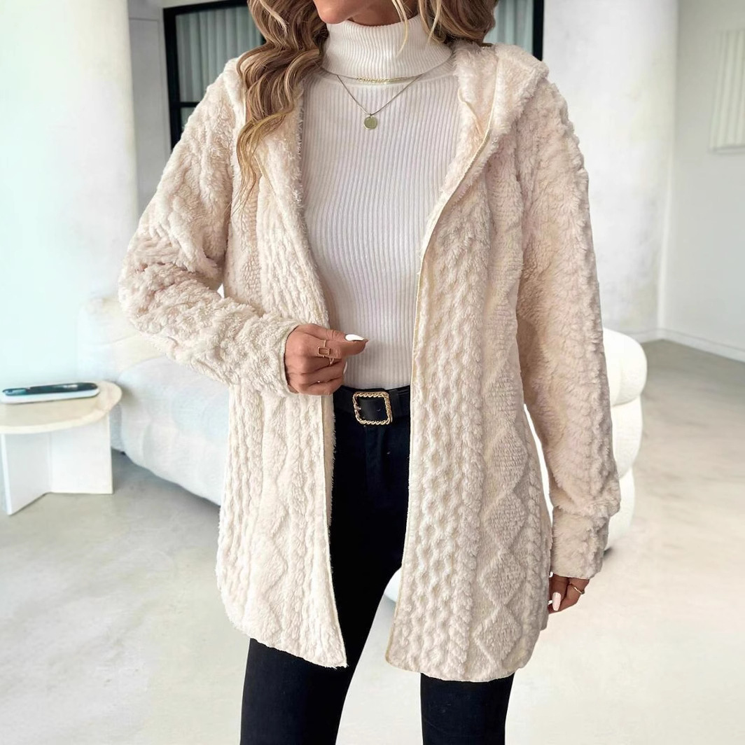 🔥 Textured Fuzzy Hooded Open Front Cardigan
