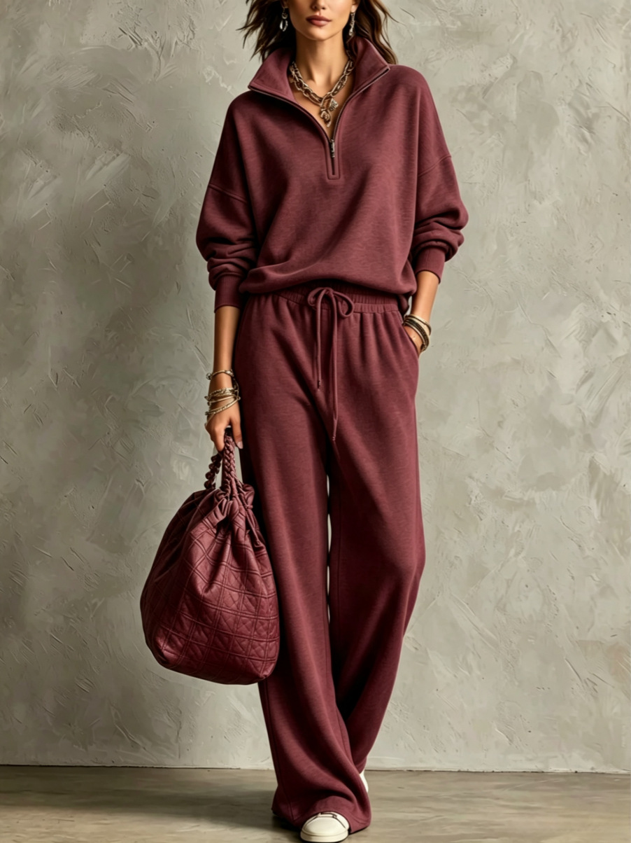 Half‑Zip Collar Sweatshirt & Drawstring Wide‑Leg Two‑Piece Loungewear Set
