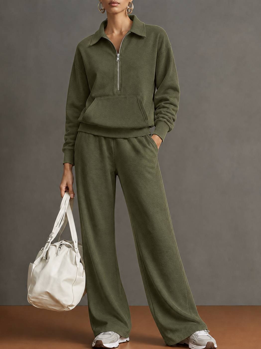 Polo Collar Half‑Zip Sweatshirt with Kangaroo Pocket & Drawstring Wide‑Leg Two‑Piece Loungewear Set