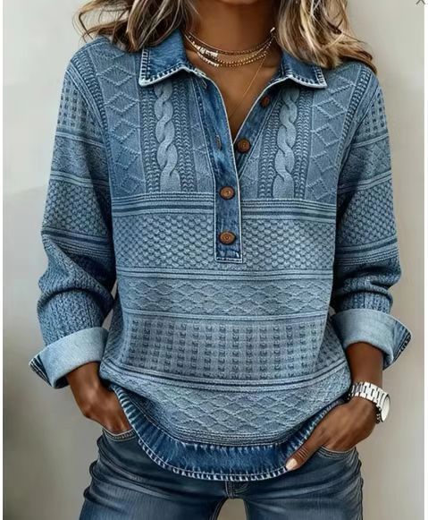 Denim Patchwork Textured Knit Blouse