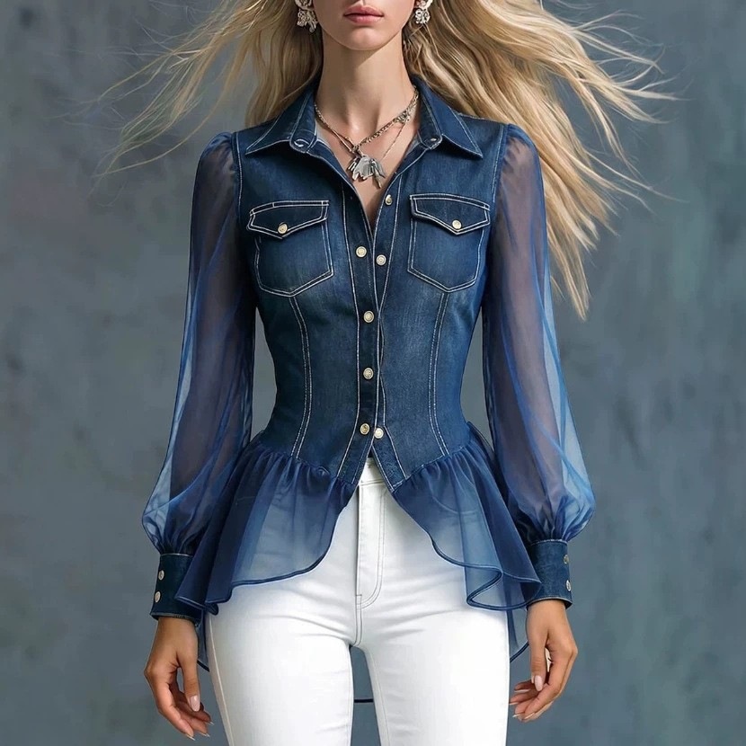Women's Denim Patchwork Organza See Through Puff Sleeve Button Pockets Peplum Blouse