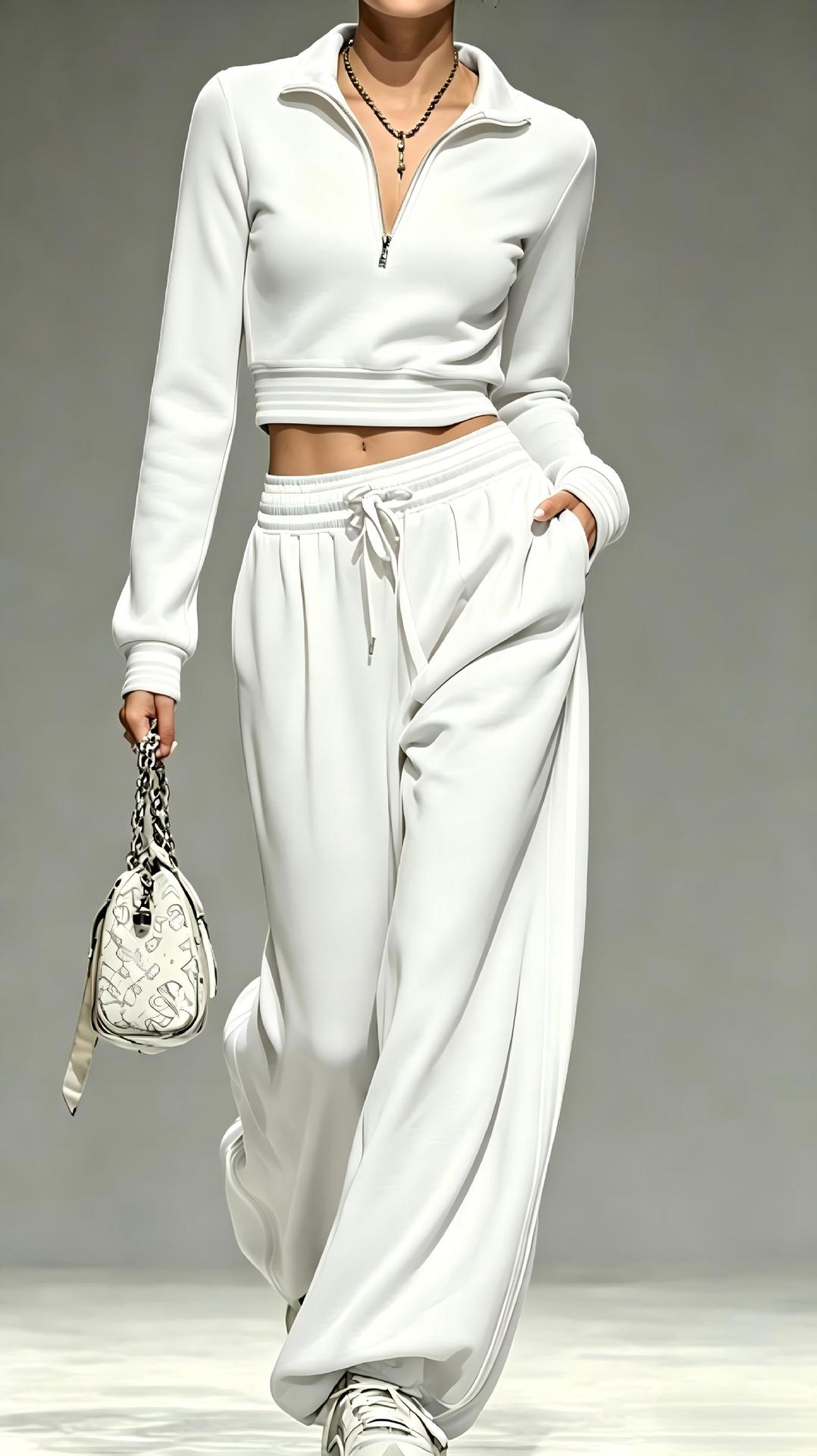 2‑Piece Half‑Zip Cropped Tracksuit Set | Striped Rib Trim Pullover & Drawstring Wide Leg Sweatpants Sporty Outfit