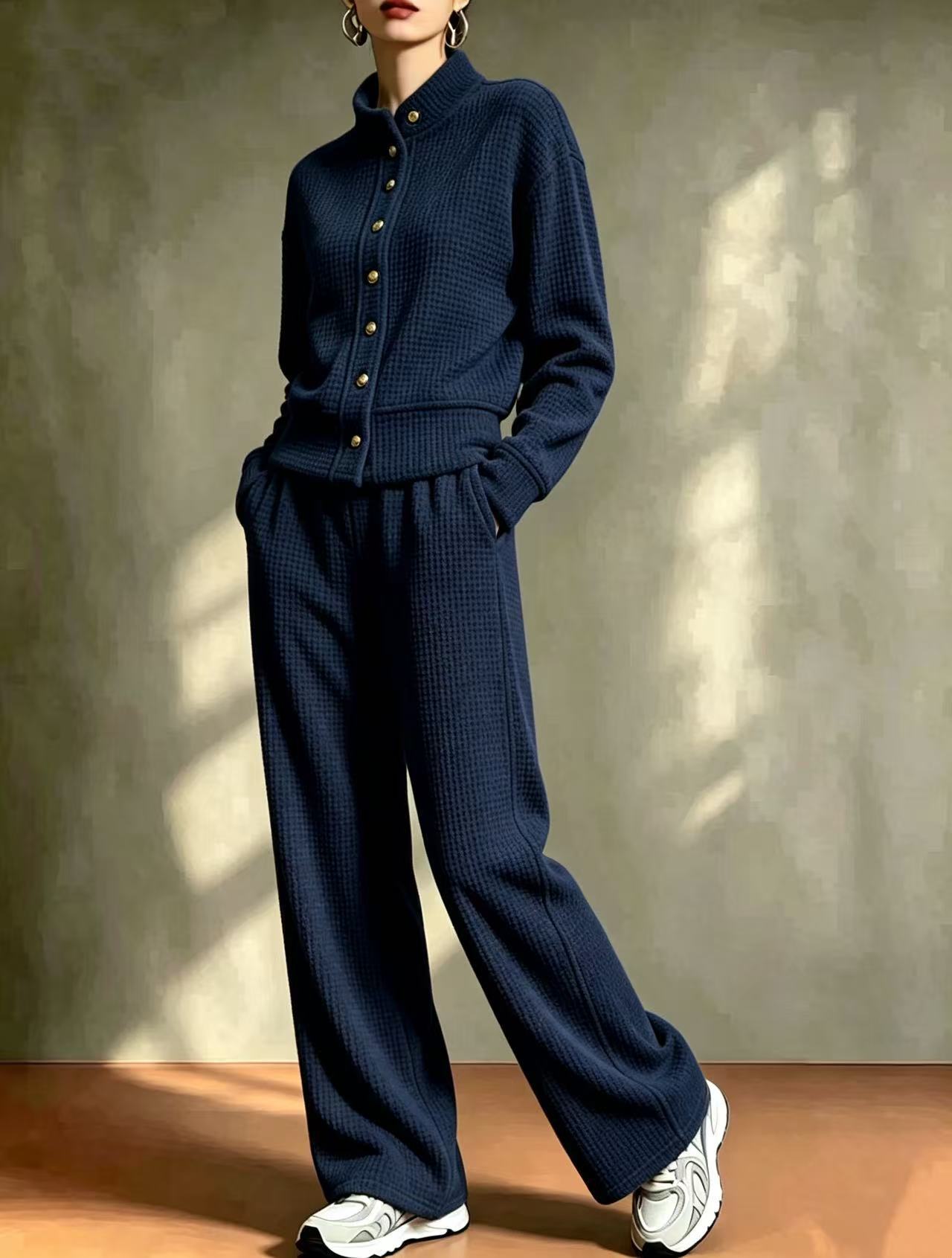 2‑Piece Waffle Knit Co‑Ord Set | Stand‑Collar Button Cardigan Top & Wide‑Leg Pants Casual Loungewear Outfit